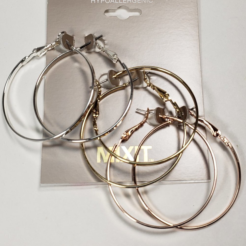 MIXIT Women's Hypoallergenic Set of 3 Pairs of Hoop Earrings Triple Tone jewelry